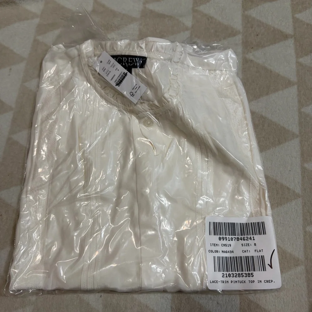 J crew Lace-trim pintuck top in crepe de chine ivory